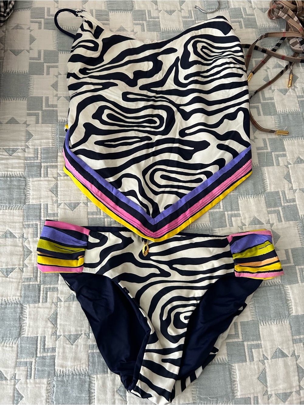 Trina Turk Tankini NavZebra-Print with Pink, Purple & Yellow Trim